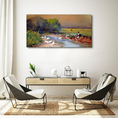 Tableau sur toile Un paysage paisible avec des canards au bord de la rivière
