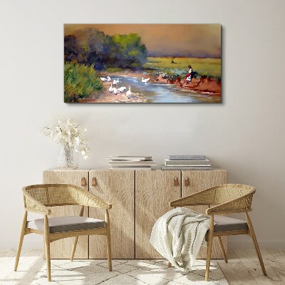 Tableau sur toile Un paysage paisible avec des canards au bord de la rivière