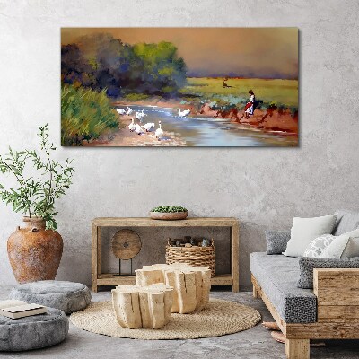 Tableau sur toile Un paysage paisible avec des canards au bord de la rivière
