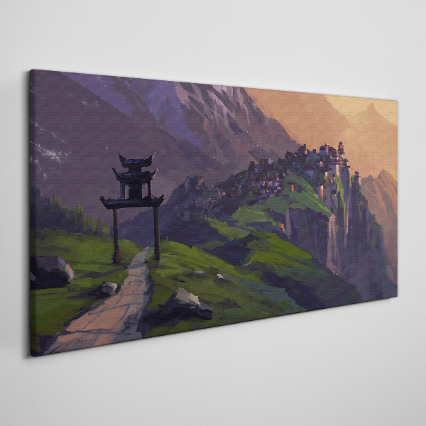 Tableau toile imprimée Paysage de montagne brumeux avec une pagode