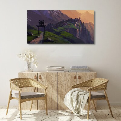 Tableau toile imprimée Paysage de montagne brumeux avec une pagode