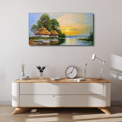 Tableau toile imprimée Un coucher de soleil paisible sur le village