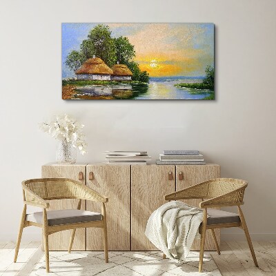 Tableau toile imprimée Un coucher de soleil paisible sur le village