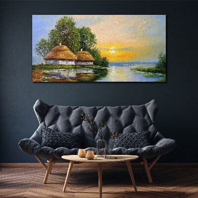 Tableau toile imprimée Un coucher de soleil paisible sur le village