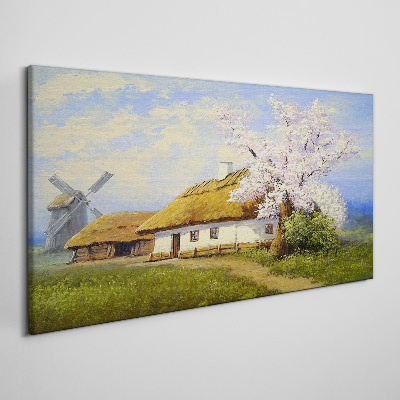Tableau sur toile Paysage rural avec un moulin à vent et des fleurs