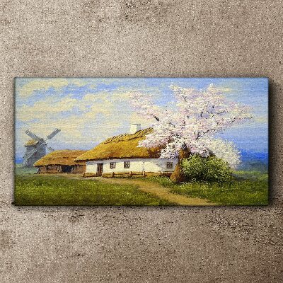 Tableau sur toile Paysage rural avec un moulin à vent et des fleurs