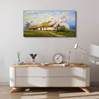 Tableau sur toile Paysage rural avec un moulin à vent et des fleurs