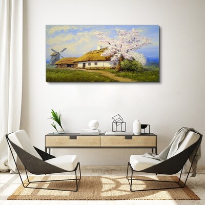 Tableau sur toile Paysage rural avec un moulin à vent et des fleurs