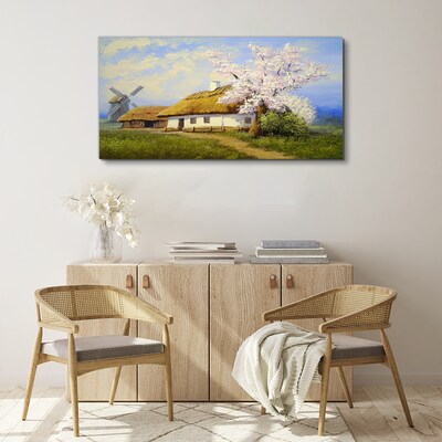 Tableau sur toile Paysage rural avec un moulin à vent et des fleurs