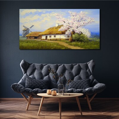 Tableau sur toile Paysage rural avec un moulin à vent et des fleurs