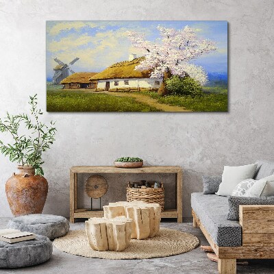 Tableau sur toile Paysage rural avec un moulin à vent et des fleurs