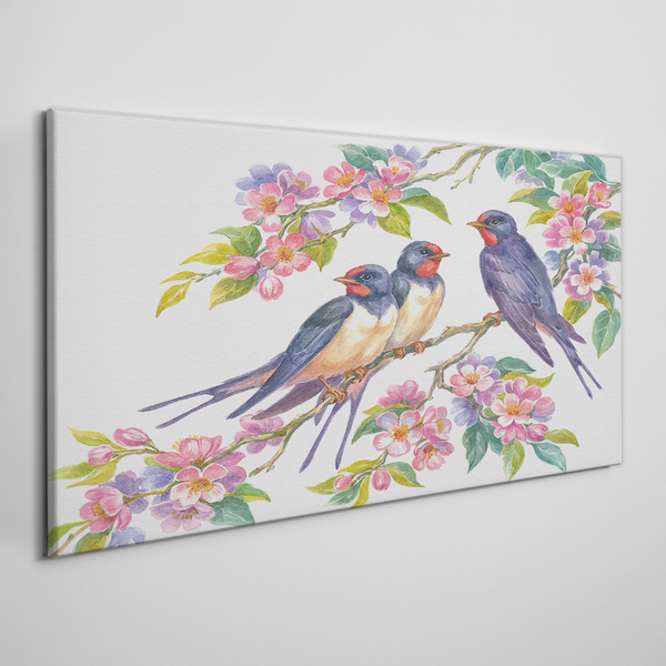 Tableau toile imprimée Oiseaux dans les branches fleuries