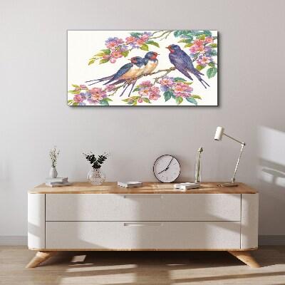 Tableau toile imprimée Oiseaux dans les branches fleuries