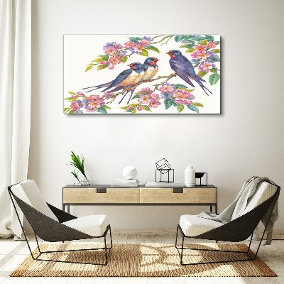 Tableau toile imprimée Oiseaux dans les branches fleuries