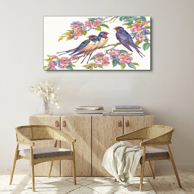 Tableau toile imprimée Oiseaux dans les branches fleuries