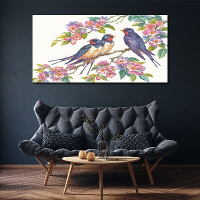 Tableau toile imprimée Oiseaux dans les branches fleuries