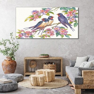Tableau toile imprimée Oiseaux dans les branches fleuries