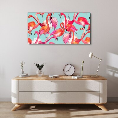 Tableau toile imprimée Flamants roses sur fond turquoise