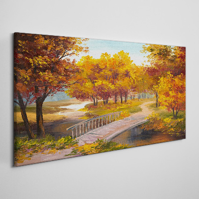 Tableau sur toile Pont doré dans le parc d'automne