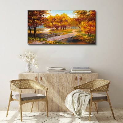 Tableau sur toile Pont doré dans le parc d'automne