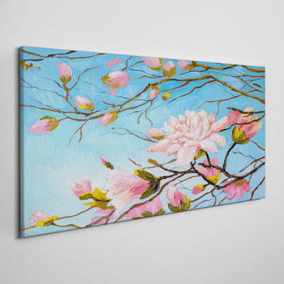 Tableau toile imprimée Fleurs de magnolia sur fond bleu