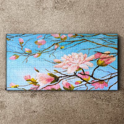 Tableau toile imprimée Fleurs de magnolia sur fond bleu