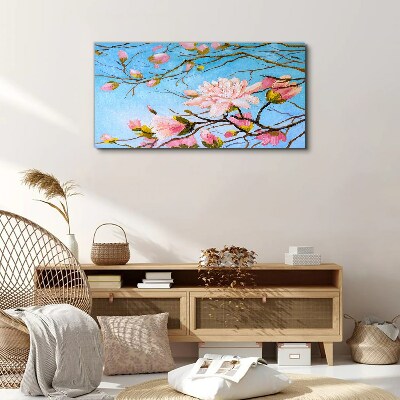 Tableau toile imprimée Fleurs de magnolia sur fond bleu
