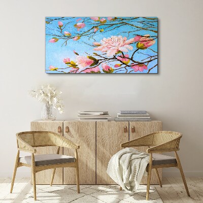 Tableau toile imprimée Fleurs de magnolia sur fond bleu