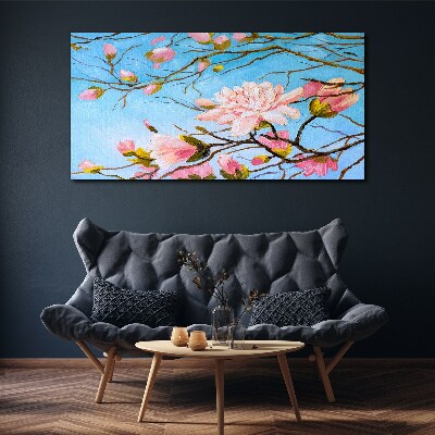 Tableau toile imprimée Fleurs de magnolia sur fond bleu