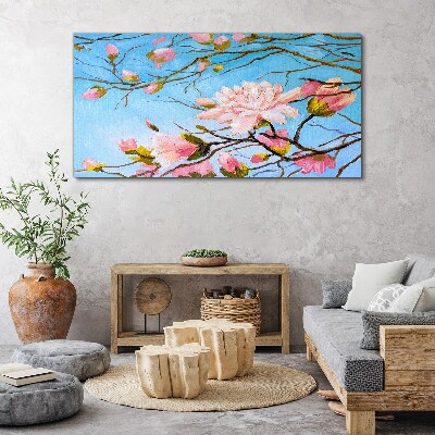Tableau toile imprimée Fleurs de magnolia sur fond bleu