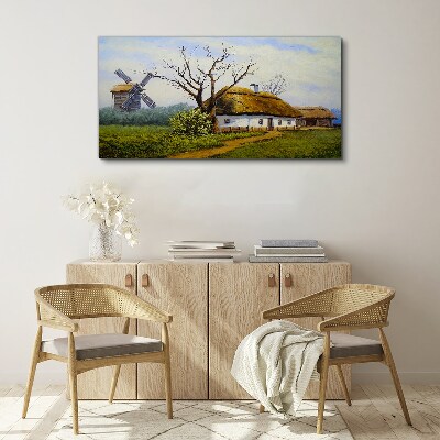 Tableau toile imprimée Paysage rural avec un moulin à vent
