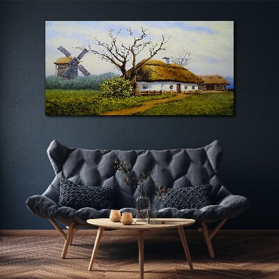 Tableau toile imprimée Paysage rural avec un moulin à vent