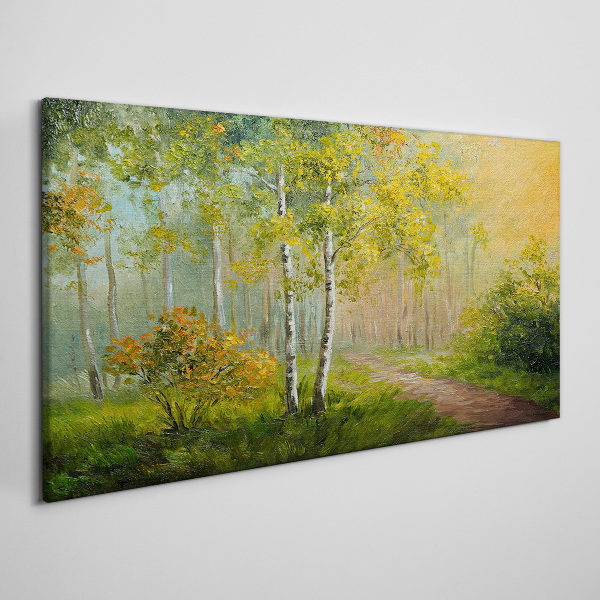 Tableau imprimé sur toile Chemin forestier dans le brouillard doré