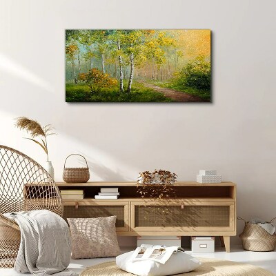 Tableau imprimé sur toile Chemin forestier dans le brouillard doré