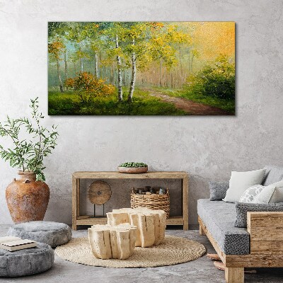 Tableau imprimé sur toile Chemin forestier dans le brouillard doré