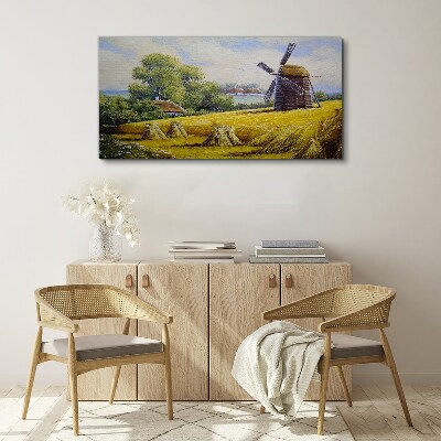 Tableau toile imprimée Paysage rural avec un moulin à vent