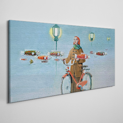 Tableau imprimé sur toile Le voyage de pêche d'un cycliste