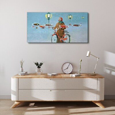 Tableau imprimé sur toile Le voyage de pêche d'un cycliste