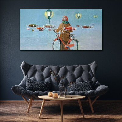 Tableau imprimé sur toile Le voyage de pêche d'un cycliste