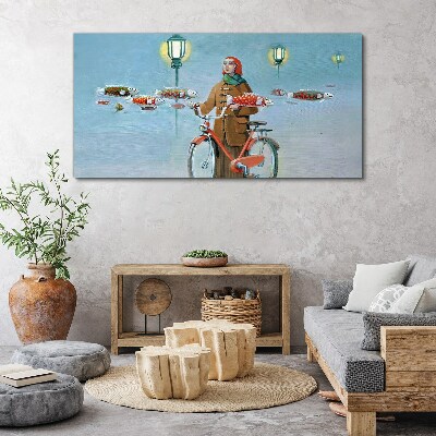 Tableau imprimé sur toile Le voyage de pêche d'un cycliste