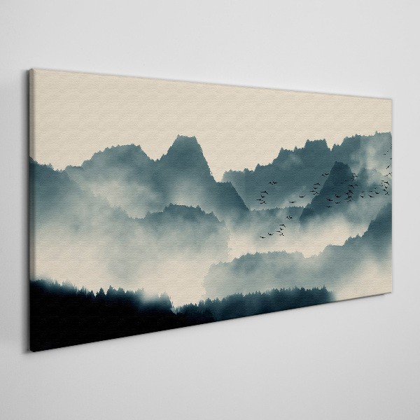 Tableau toile imprimée Paysage de montagne brumeux avec des oiseaux