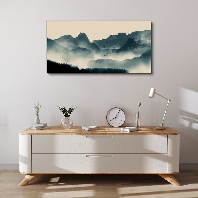 Tableau toile imprimée Paysage de montagne brumeux avec des oiseaux