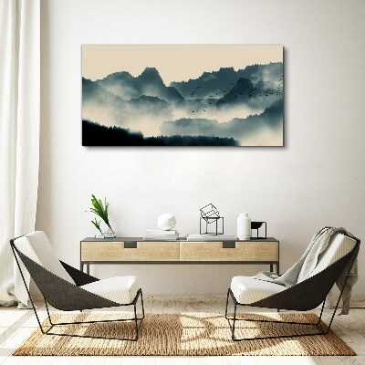 Tableau toile imprimée Paysage de montagne brumeux avec des oiseaux