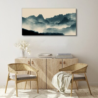 Tableau toile imprimée Paysage de montagne brumeux avec des oiseaux