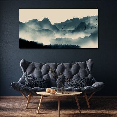 Tableau toile imprimée Paysage de montagne brumeux avec des oiseaux