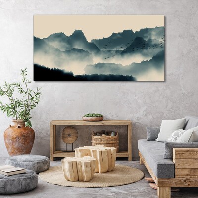 Tableau toile imprimée Paysage de montagne brumeux avec des oiseaux