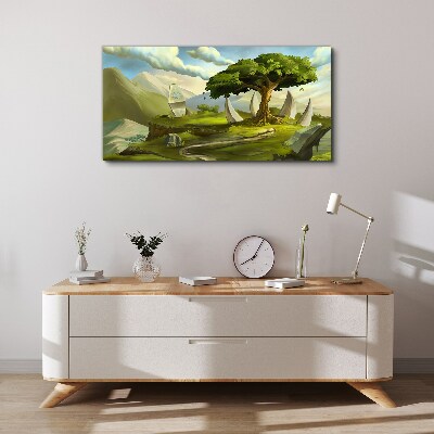 Tableau toile imprimée Oasis verte dans le paysage de montagne