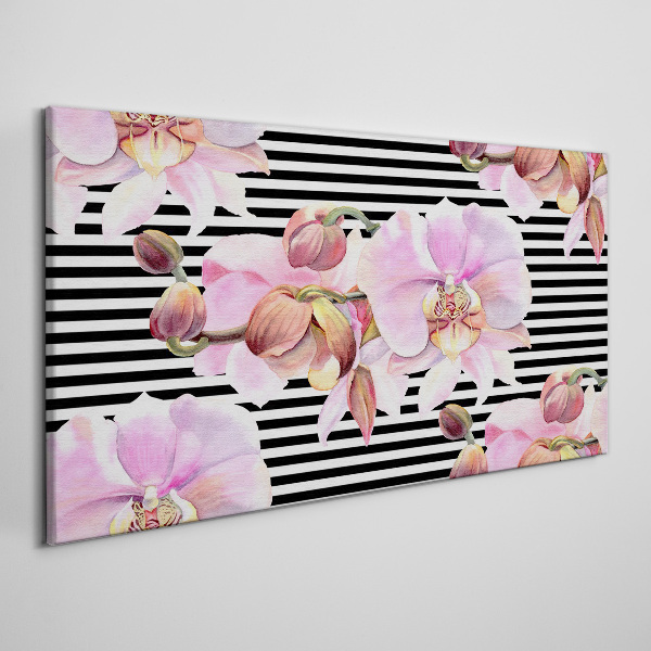 Tableau imprimé sur toile Orchidées sur fond de rayures noires