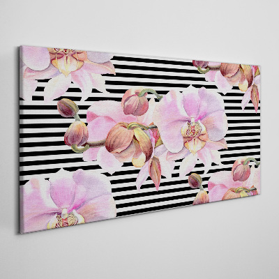 Tableau imprimé sur toile Orchidées sur fond de rayures noires