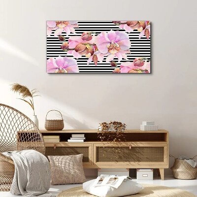 Tableau imprimé sur toile Orchidées sur fond de rayures noires